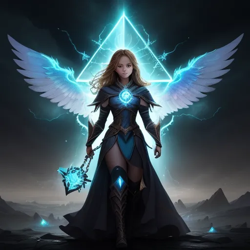 how to fix low resolution photos - a woman with wings holding a sword and a crystal ball in her hand and a glowing triangle in the background, by Hendrik van Steenwijk I